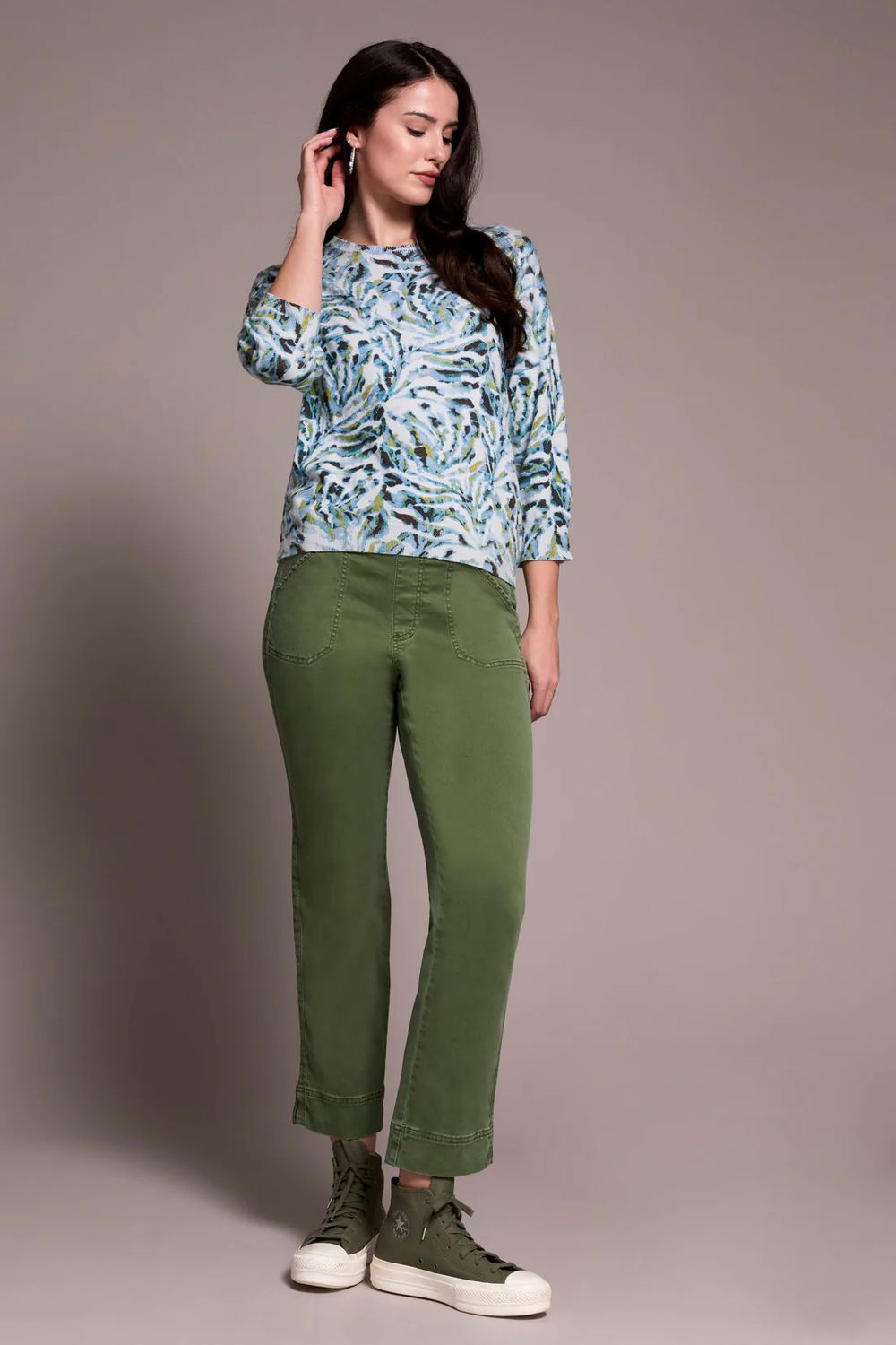 Crew Neck Print 3/4 Sleeve Top, Color: MistBlue, Size: S