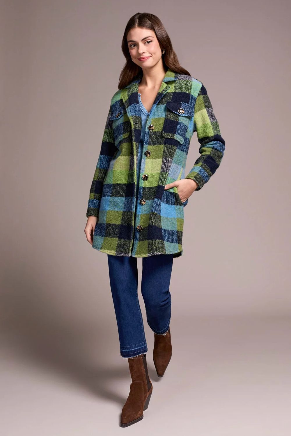 Plaid Notch Collar Shacket, Color: NightFall, Size: M