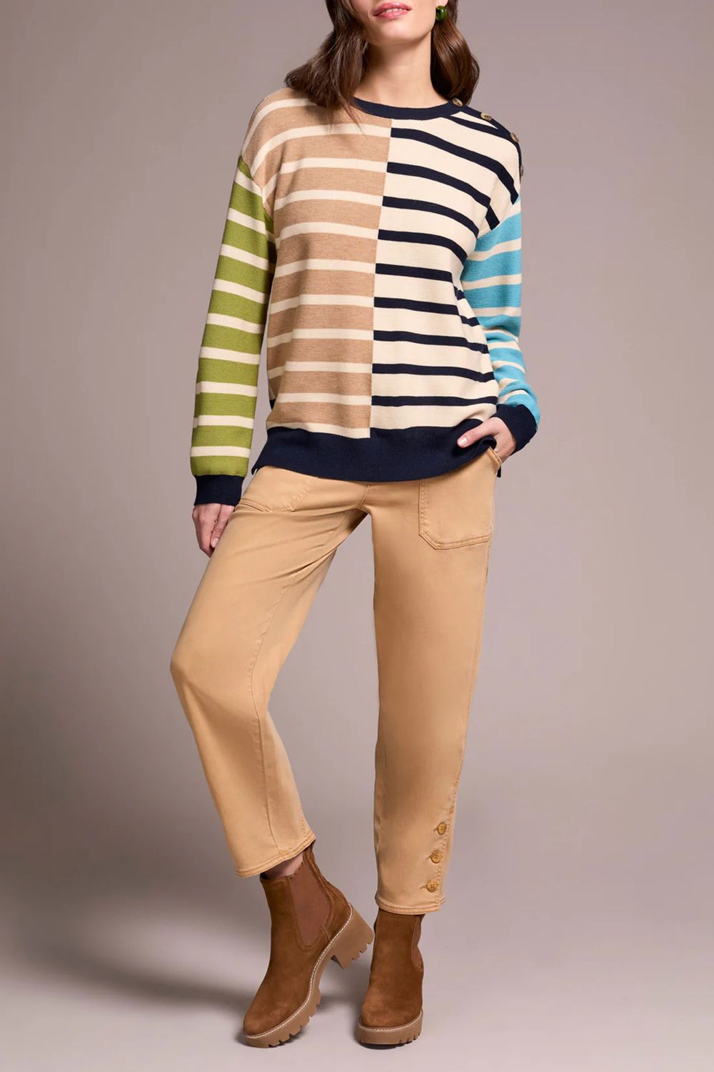 Multi Stripe Crewneck Sweater, Color: Ice Latte, Size: M