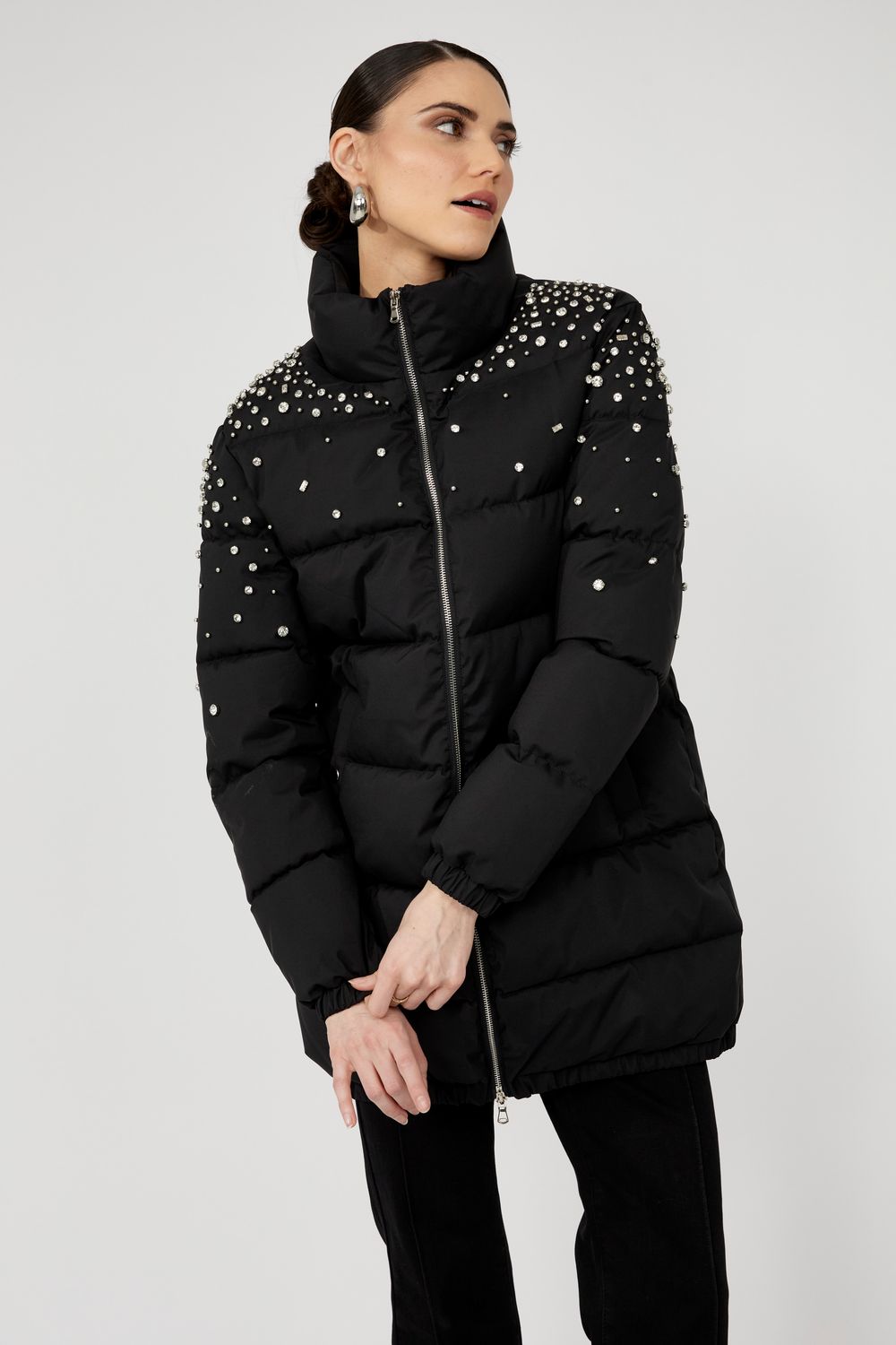 Puffer Coat w/ Cascading Jewels, Color: Black, Size: S