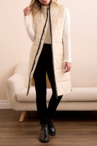 Zip Front Long Quilted Vest, Color: MoonStone, Size: S