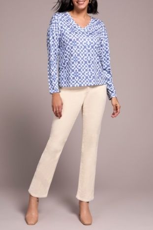 Print Side Slit V-neck Top, Color: UltraBlue, Size: S