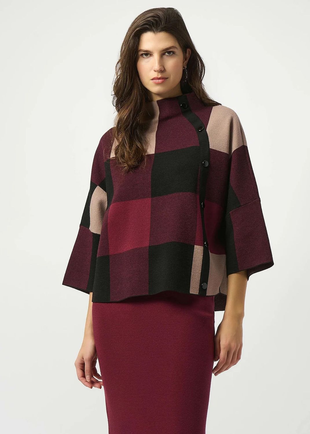 Plaid Jacquard Funnel Neck Sweater , Color: Merlot/ Multi, Size: XS