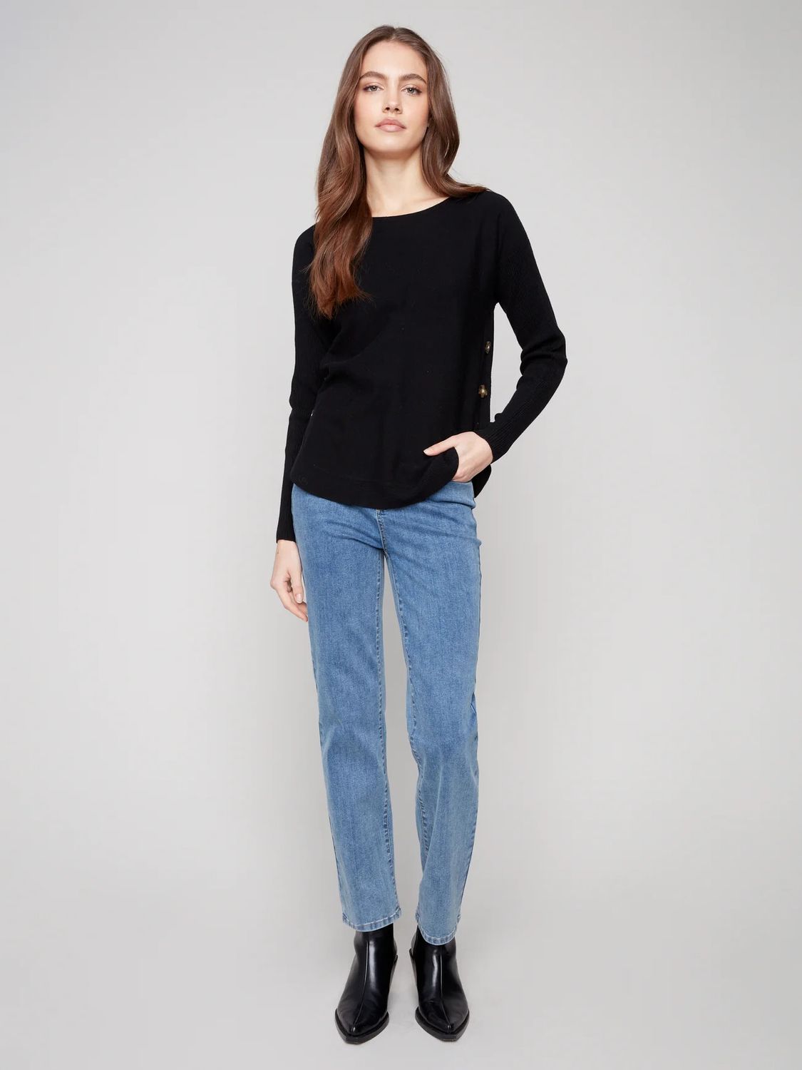 Boat Neck Button Sleeve Detail, Color: Black, Size: XS
