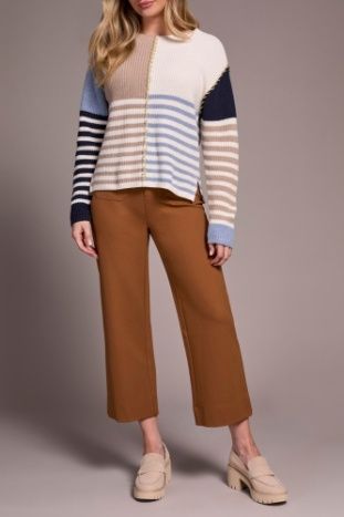 Boat Neck Stripe Colour Block Top, Color: Sandstone, Size: S