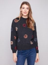 Mock Neck Sweater w/ Floral Embroidery, Color: H.Charcoal, Size: S