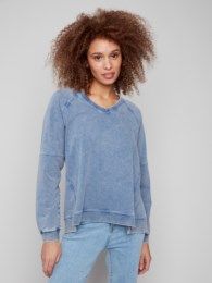 V-Neck Raglan Sleeves Top, Color: Denim, Size: S