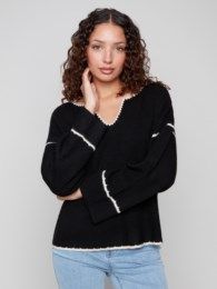 Embroidered Ribbed Sweater, Color: Black, Size: S