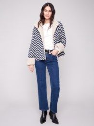 Chevron Bouclé Short Jacket, Color: Navy Mix, Size: XS