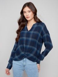 Plaid Blouse w/ Front Knot and Cuffs, Color: Lapis, Size: S