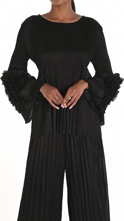 Pleated Floral Embossed Cuff Detail, Color: Black, Size: XS