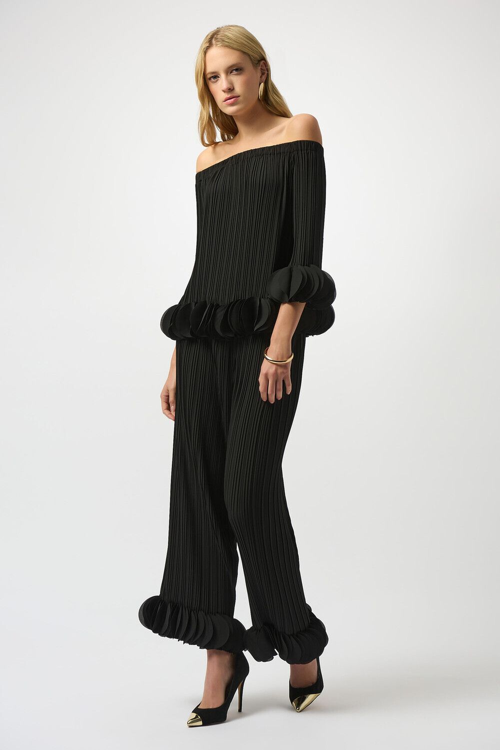 Off Shoulder Pleated Ruffle Top/ Pant 2pc, Color: Black, Size: S
