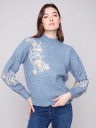 Mock Neck Sweater with Sequin Detail, Color: H.Denim, Size: XS