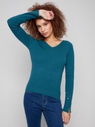 Ribbed V-Neck Sweater W/Heart Rivets, Color: Evergreen, Size: S
