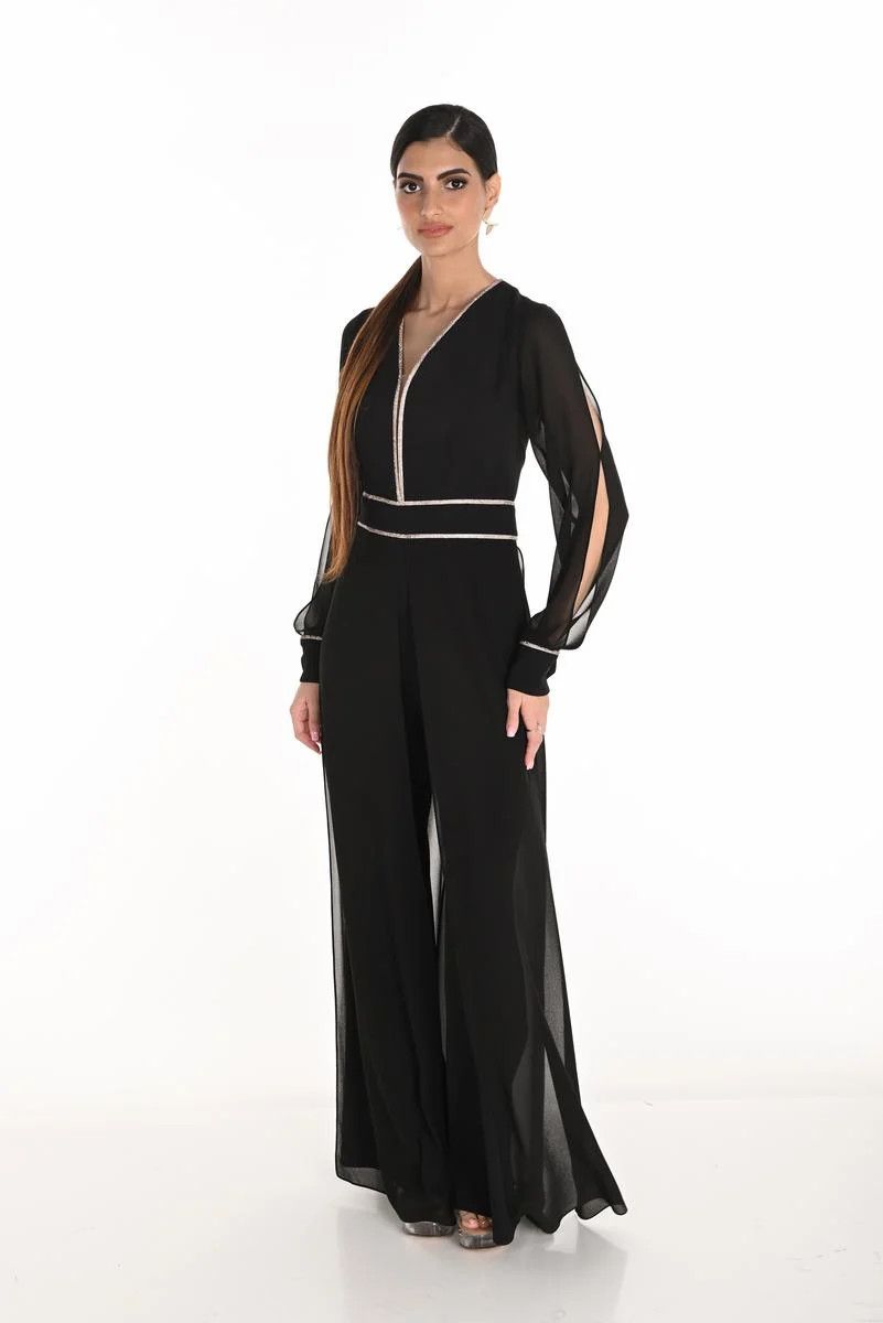 Embellished Trim Chiffon Sleeve Jumpsuit, Color: Black/ Rose Gold, Size: S
