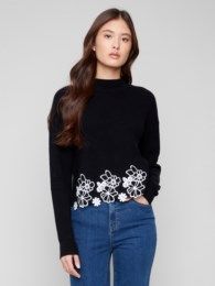Drop Shoulder Sweater With Lace At Hem, Color: Black, Size: S