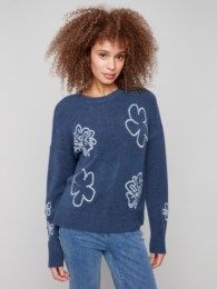 Floral Embroidered Sweater, Color: H.Denim, Size: S