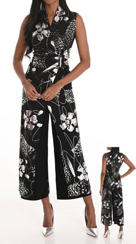 Metallic Floral Side embellished Jumpsuit, Color: Black/ Silver, Size: 10
