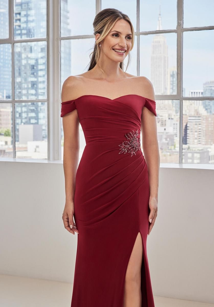 Fit &amp; Flare Crystal Brooch Gown, Color: Crimson, Size: 6