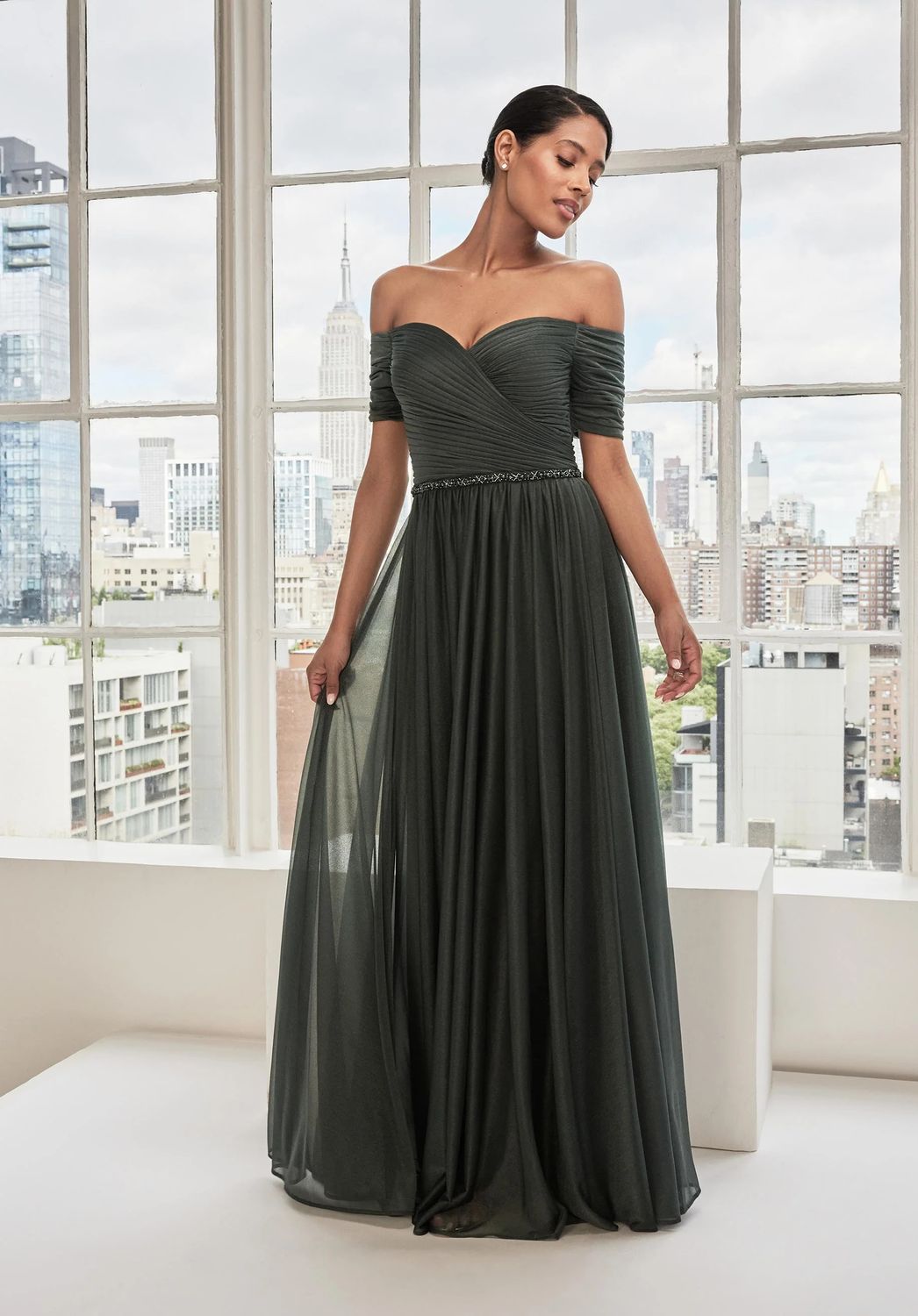 Draped Shimmer Gown w/ Crystal Trim , Color: Spruce, Size: 12