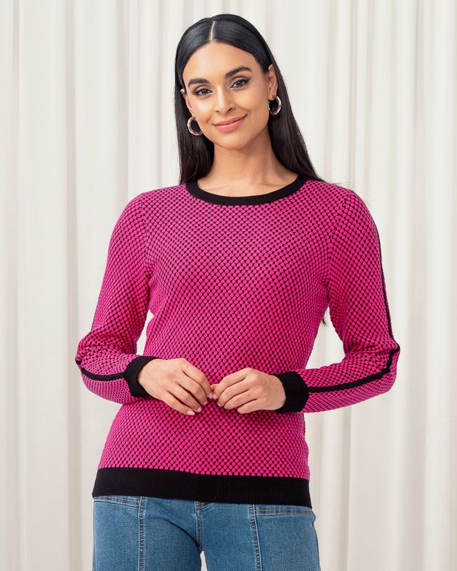 Round Neck Textured Sweater, Color: Fuchsia, Size: S