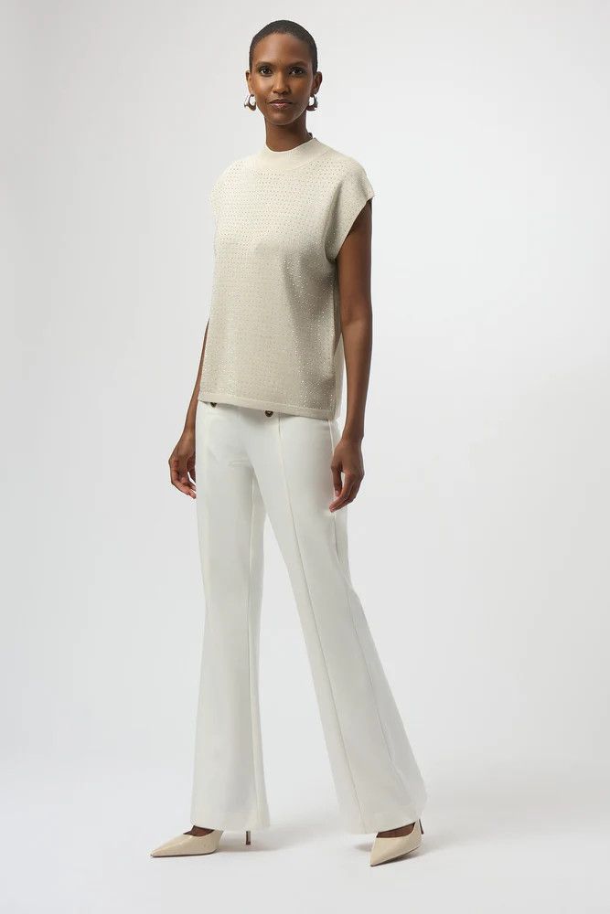 High Neck Embellished Cap Sleeve Top, Color: Birch/ Silver, Size: S