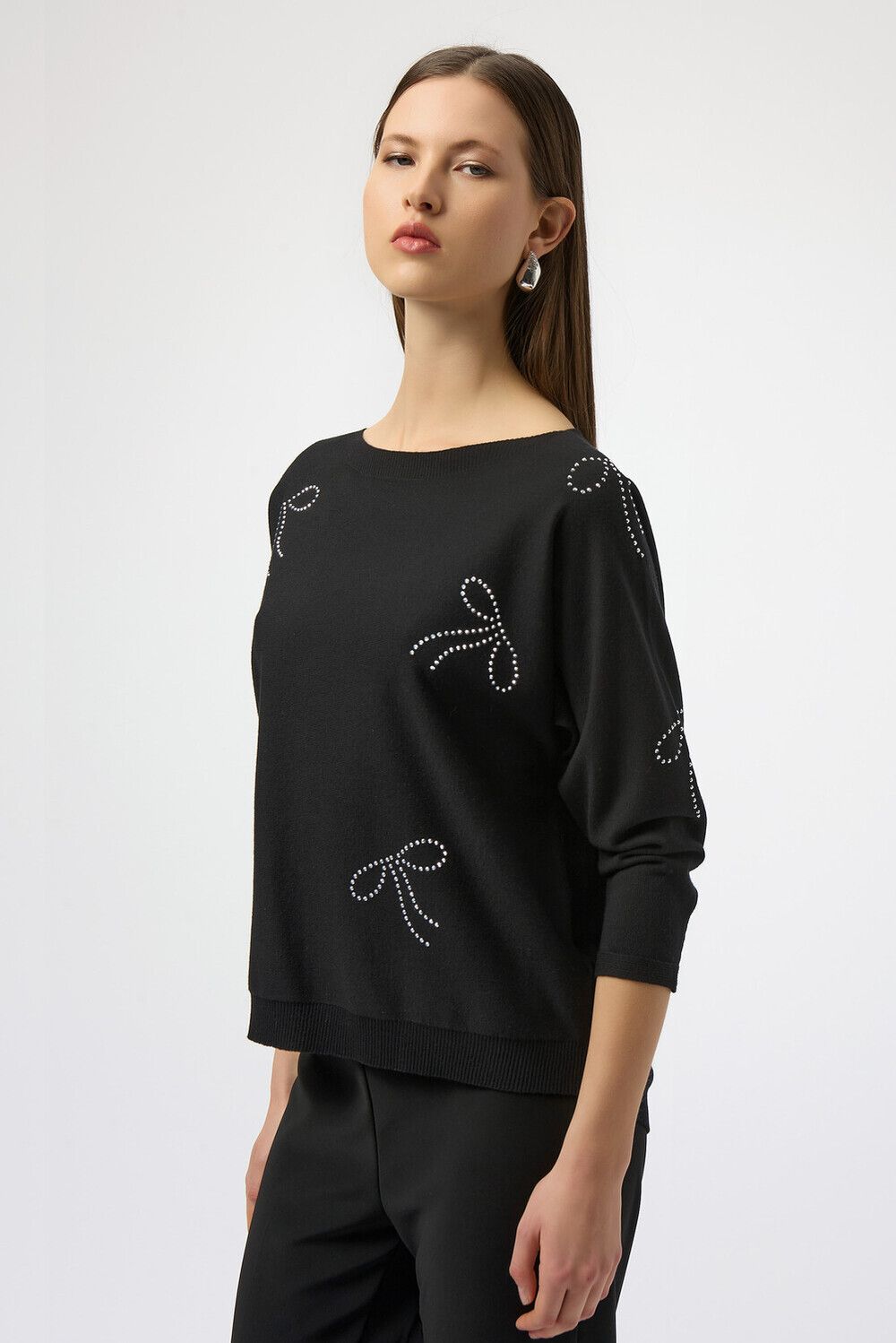 Embellished Boat Neck Sweater, Color: Black, Size: XS