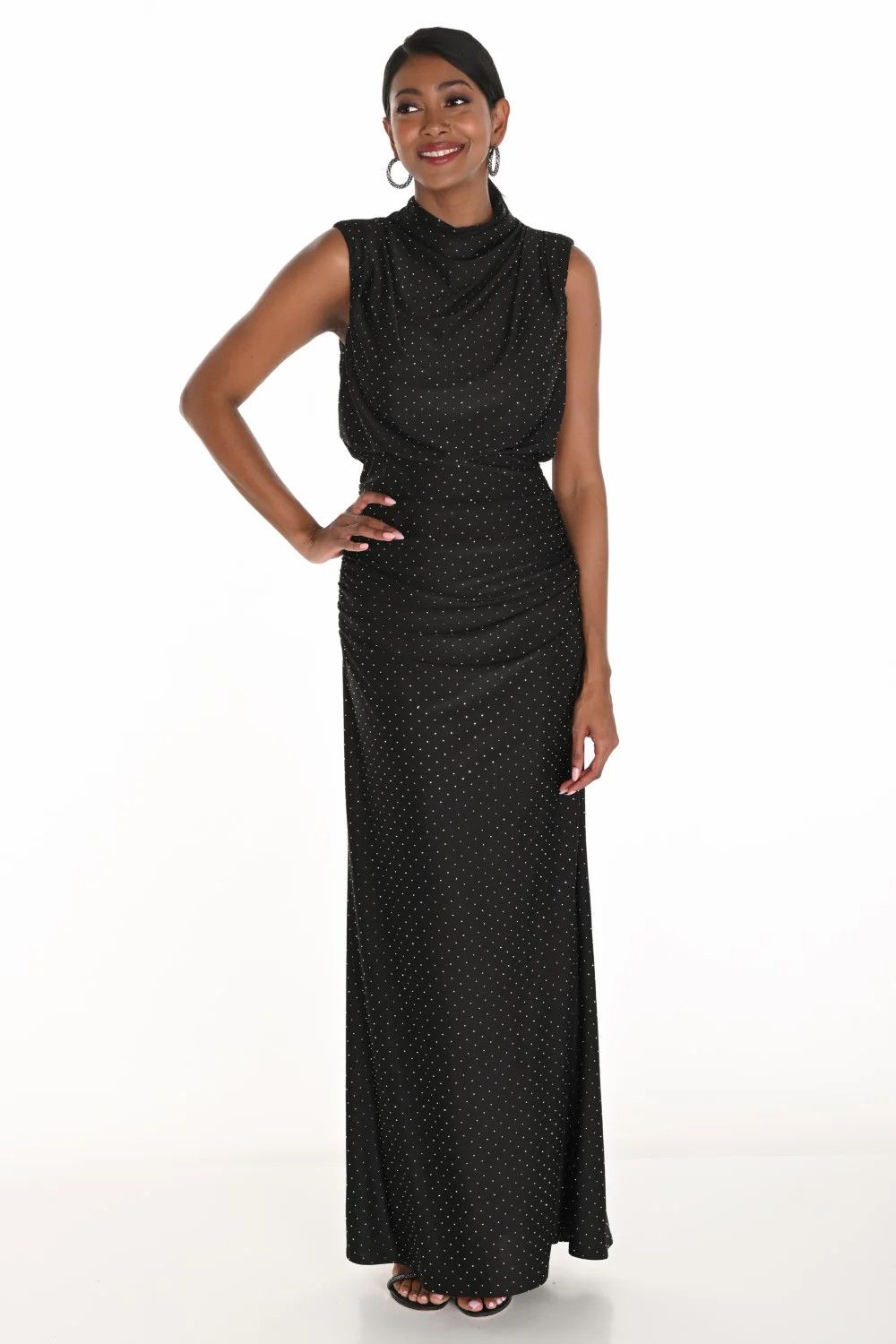 Elegant Cowl Neck All Over Embellishment Gown , Color: Black, Size: S