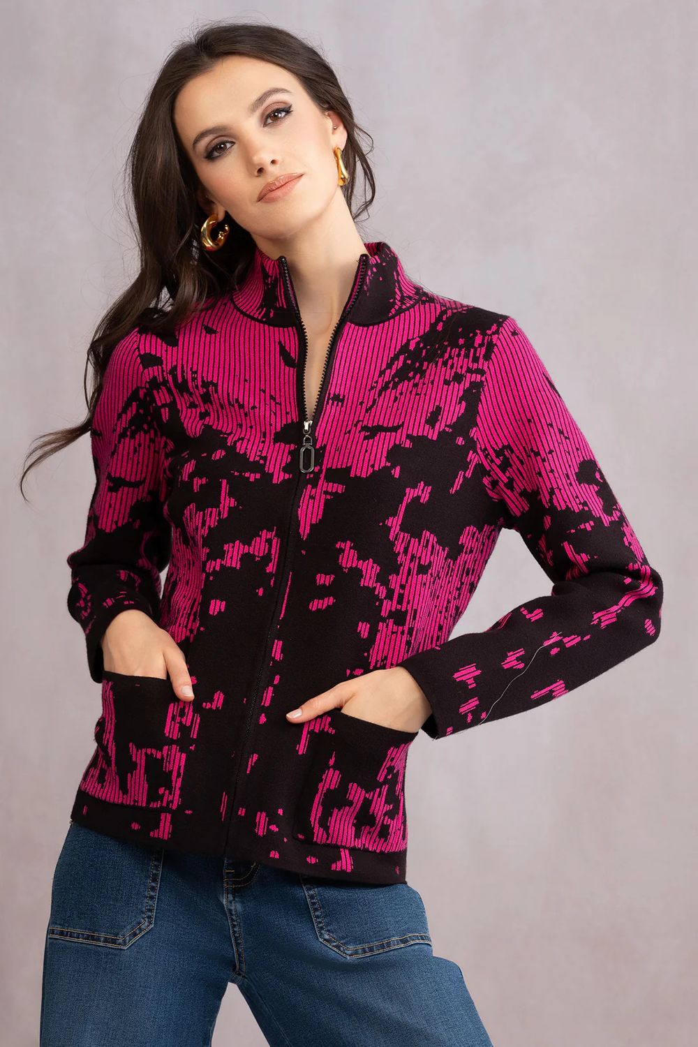 Zipper Front Print Sweater Jacket , Color: Fuchsia, Size: S