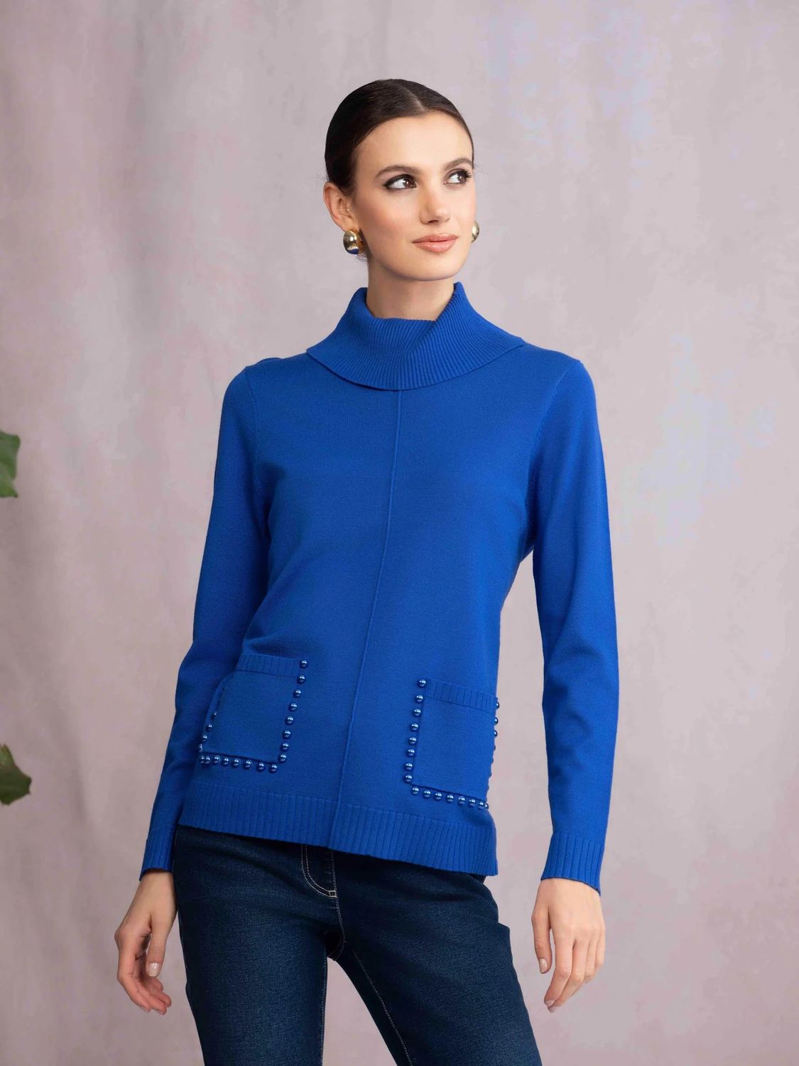 Mock Neck Sweater w/ Pearl Trim Pockets, Color: Colbalt, Size: S