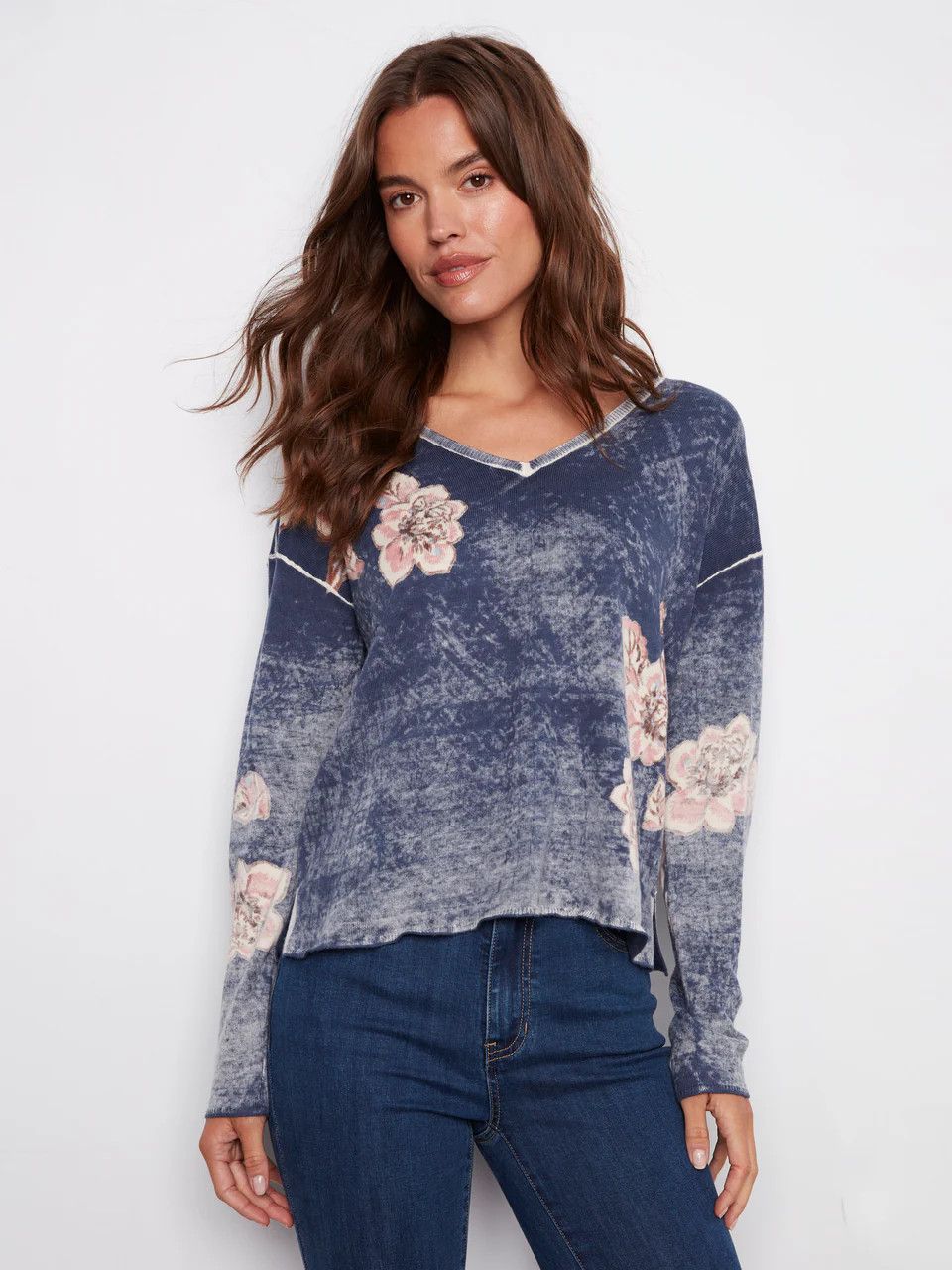 Reversible Floral V-neck Sweater , Color: Denim, Size: S