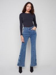 Side Hem Embroidered Flare Jean , Color: Med. Blue, Size: 8