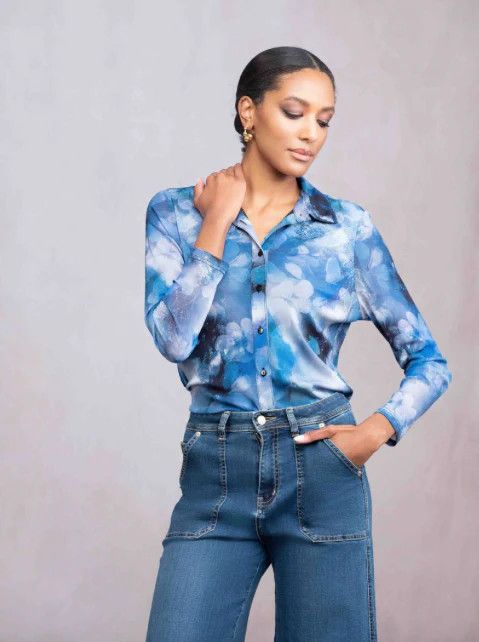 Chemise Print Button Up Blouse , Color: Blue/Mix, Size: S