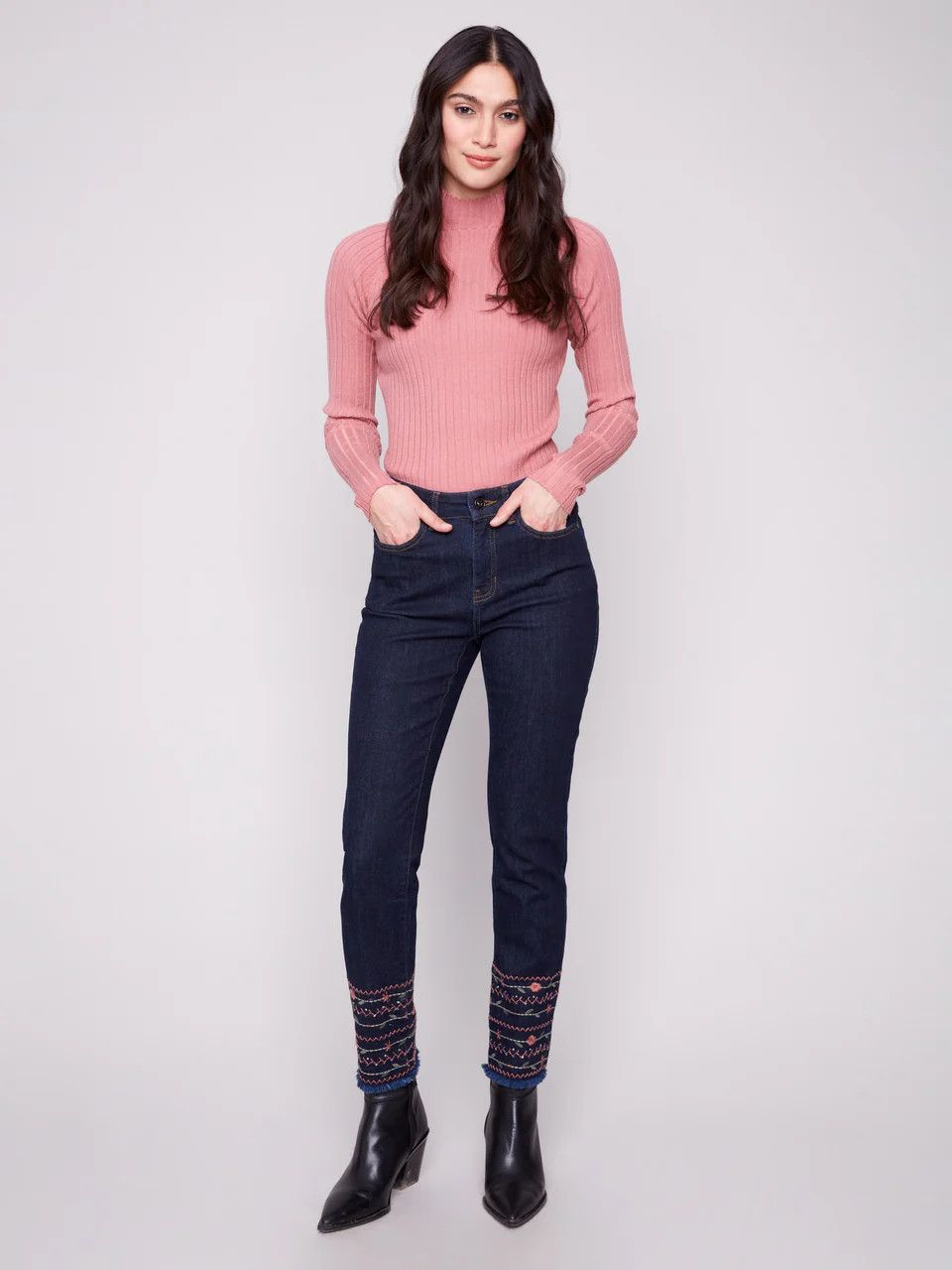 Slim Leg Embroidered Hem Jean , Color: Deep Blue, Size: 4