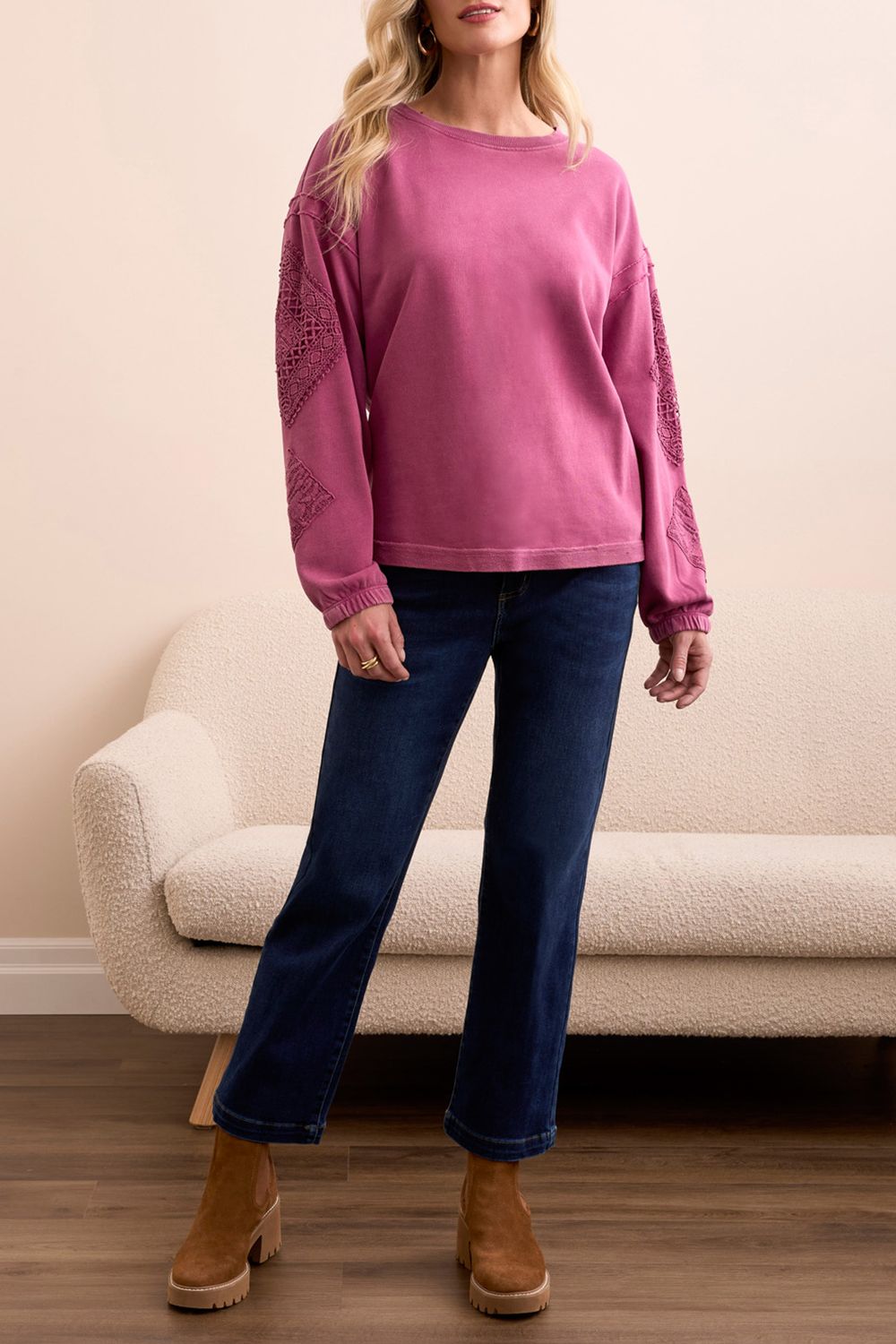  Applique Detail Sleeve Crew Neck, Color: Rose berry, Size: S