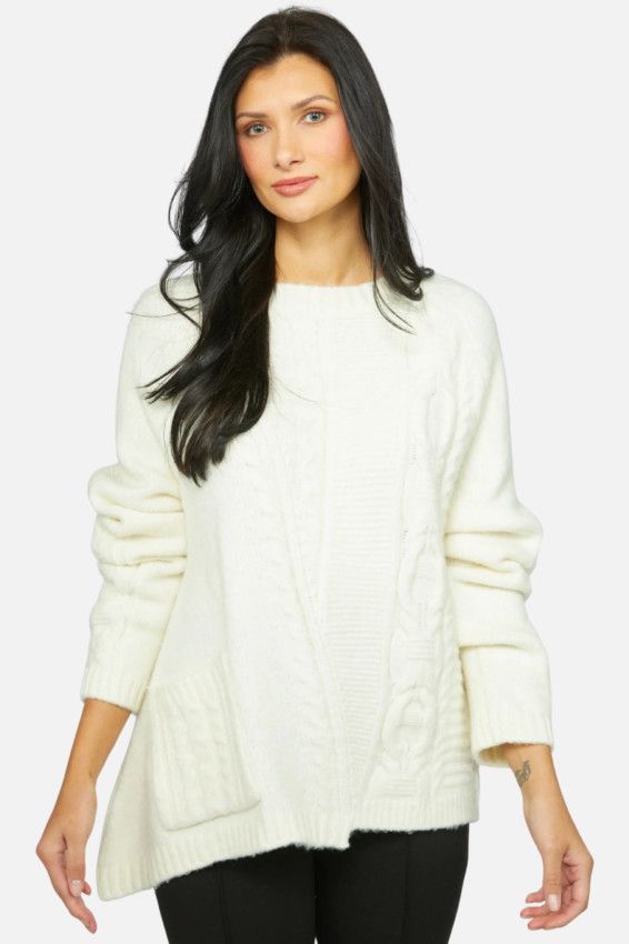 Cozy Angled Hem Cable Knit Sweater, Color: Winter White, Size: XS