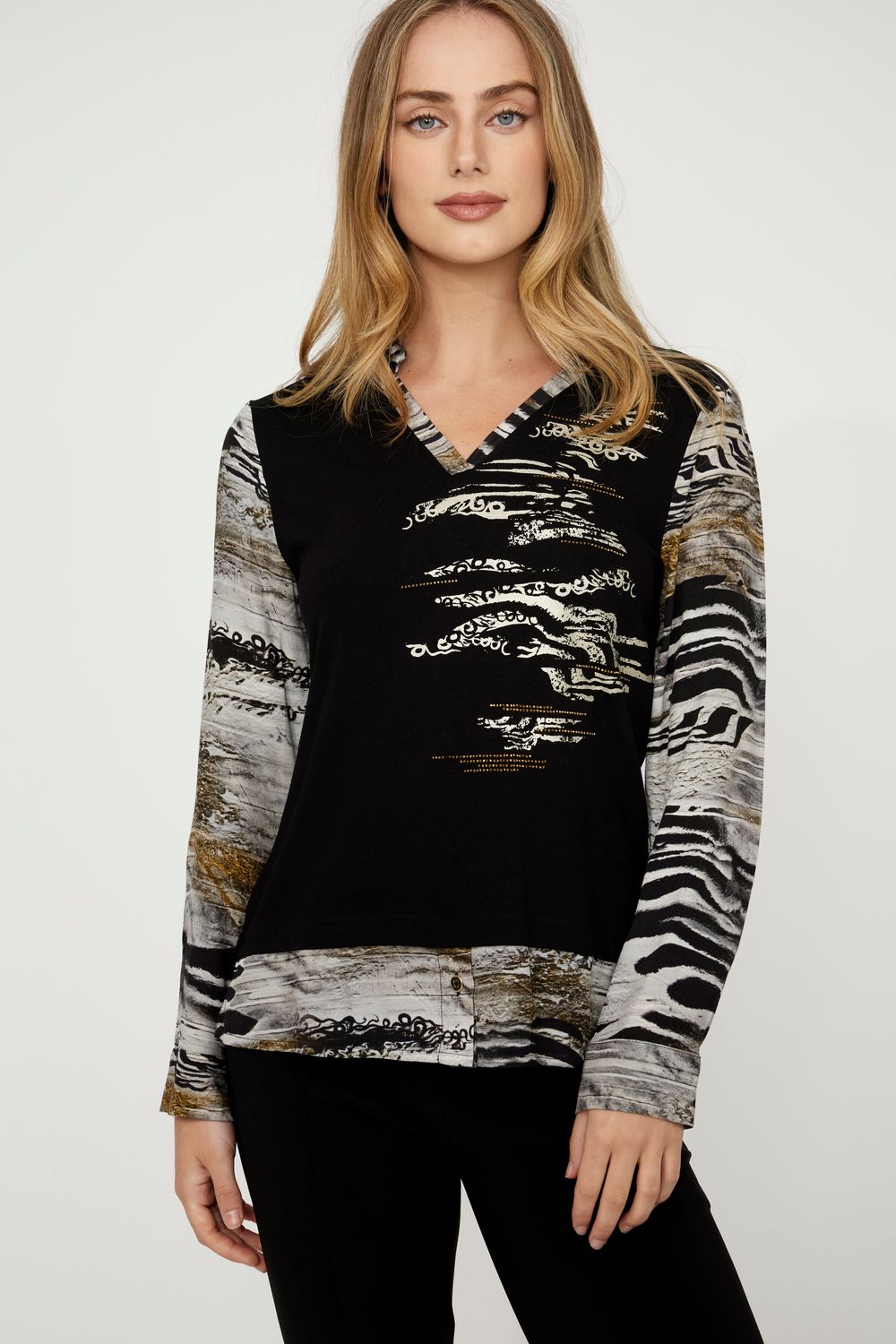 Art Print Embellished V-Neck Top, Color: Unbalanced, Size: S