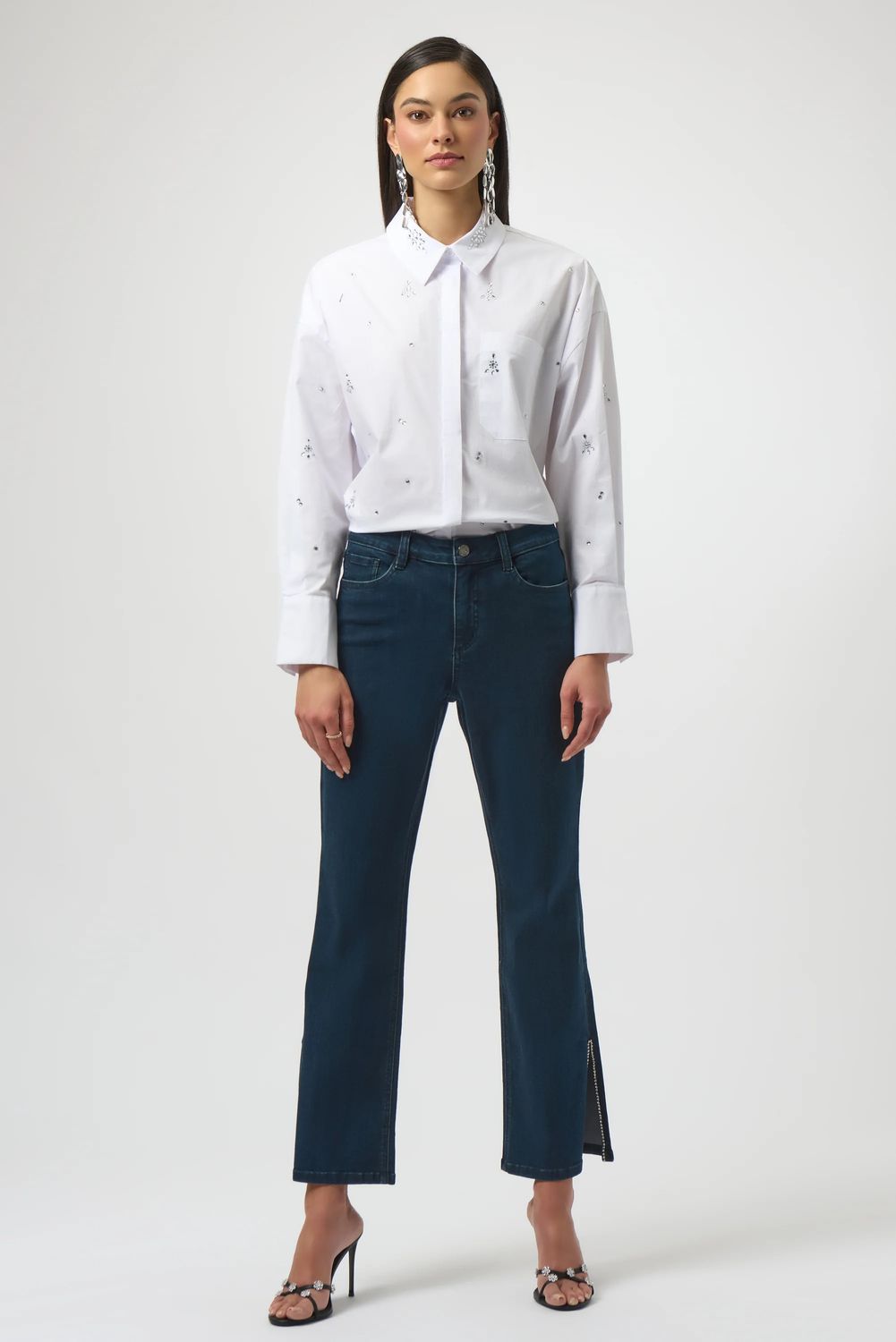 Side Slit Rhinestone Jean, Color: Dk. Denim, Size: 6