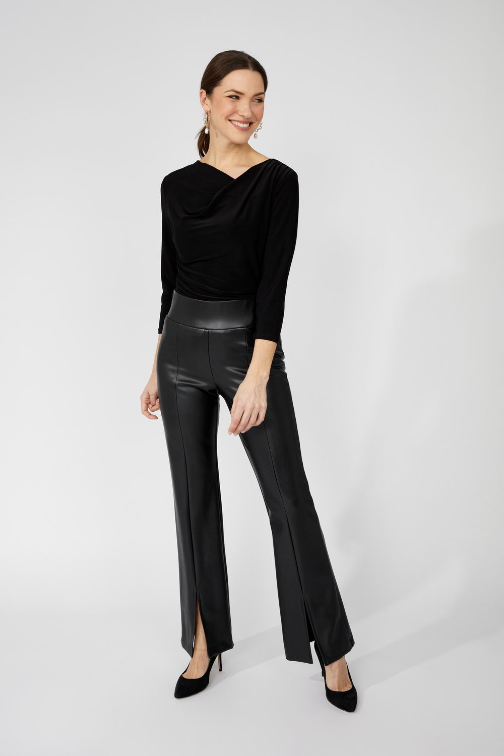 High-Waist Leatherette Slit Hem Pant, Color: Black, Size: 10