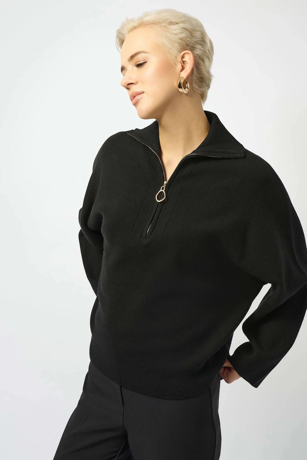 Collared Zip Relax Fit Top, Color: Black, Size: S