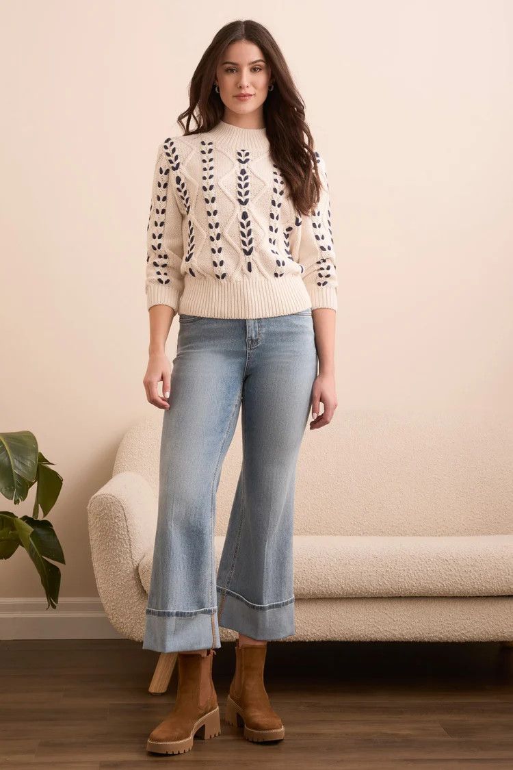 Mock Neck Cable Knit Sweater , Color: MoonStone, Size: S
