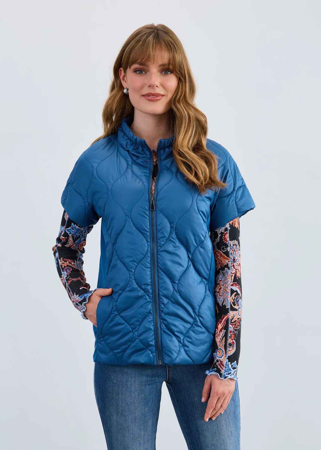 Mix Media Quilted Short Sleeve Jacket , Color: Indigo, Size: XS