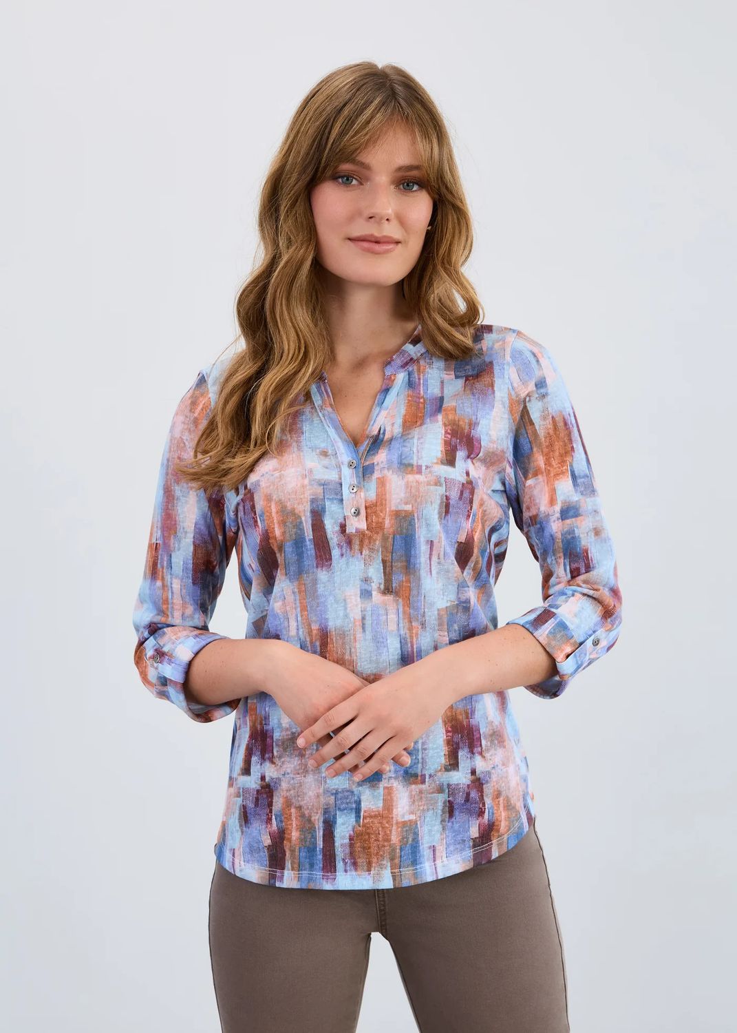 Printed Henley top, Color: Rookery, Size: S