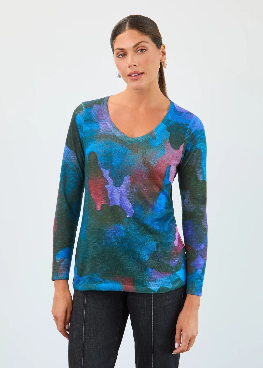 Printed Long Sleeve V-Rounded Neck Top, Color: Gemma Mix, Size: S