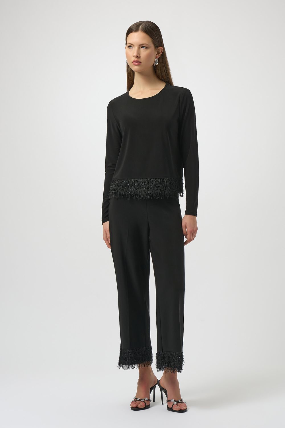 Crew Neck Fringe Hem Blouse, Color: Black, Size: 8
