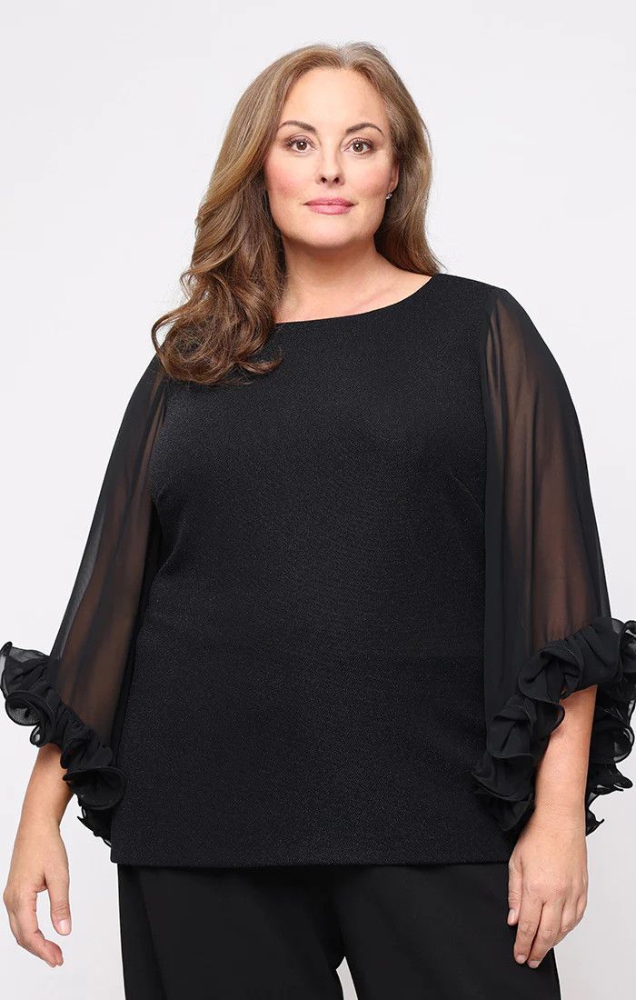Ruffle Sleeve metallic Cocktail top, Color: Black, Size: 1X