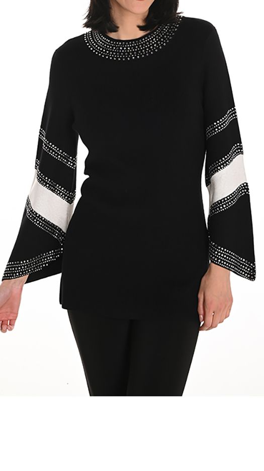Embellished Neck And Flare Bell Sleeve Sweater , Color: Black/ Cream, Size: S