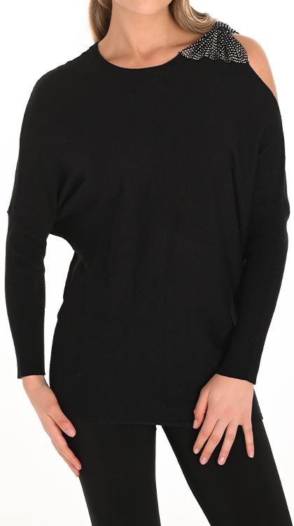 Jewel Embellished Cut-Out Detail Top, Color: Black, Size: S