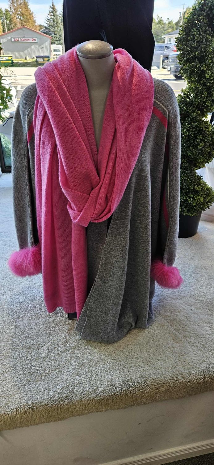 Fashion Poncho W/ Fox Fur Detail, Color: Magenta/ Grey, Size: O/S