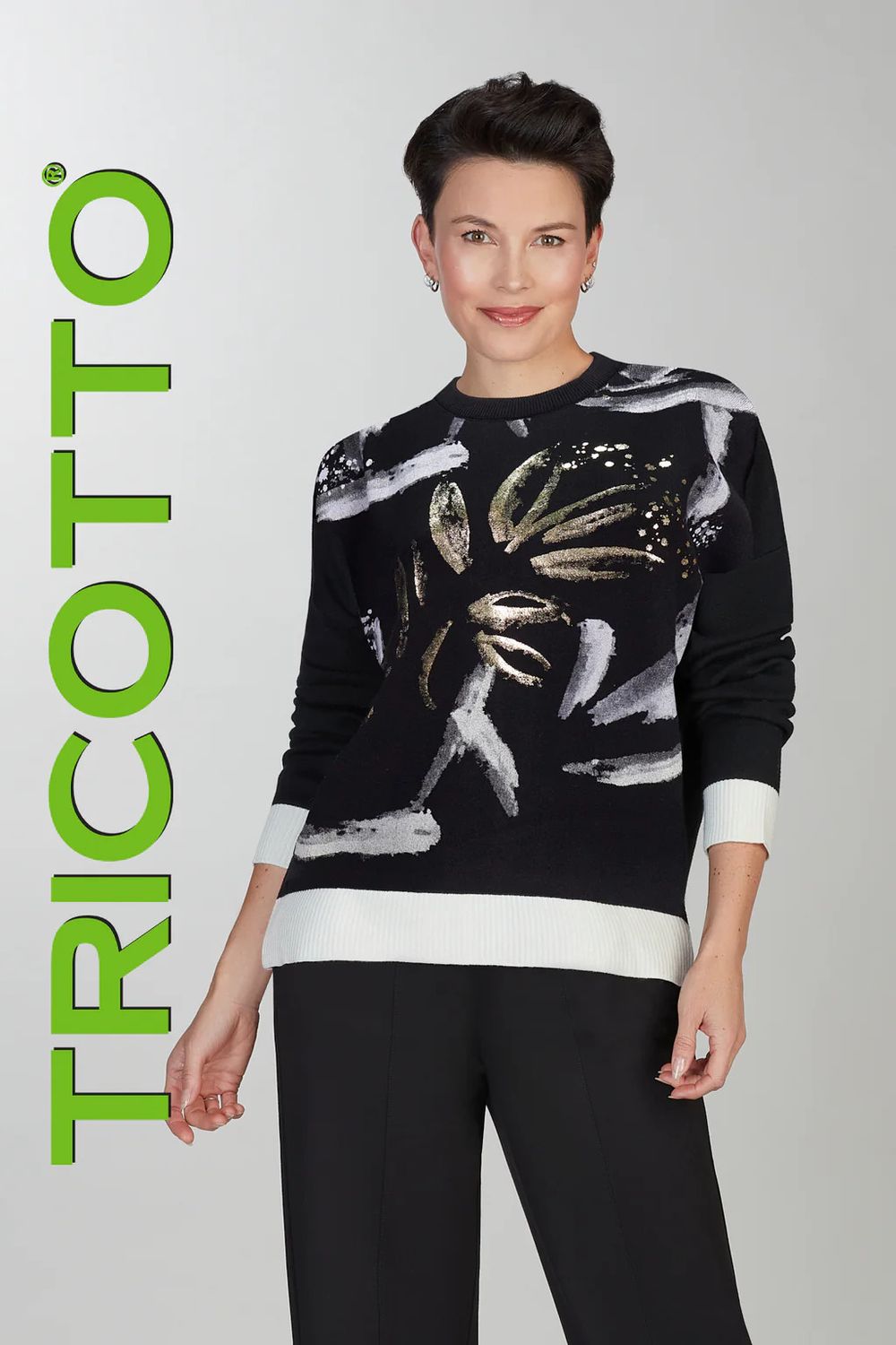 Crew Neck Metallic Print Front Sweater , Color: Black Mix, Size: S